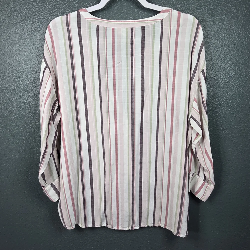 LOFT Womans Striped V-Neck Blouse in Pink, Green & Cream Size Large - Picture 2 of 8